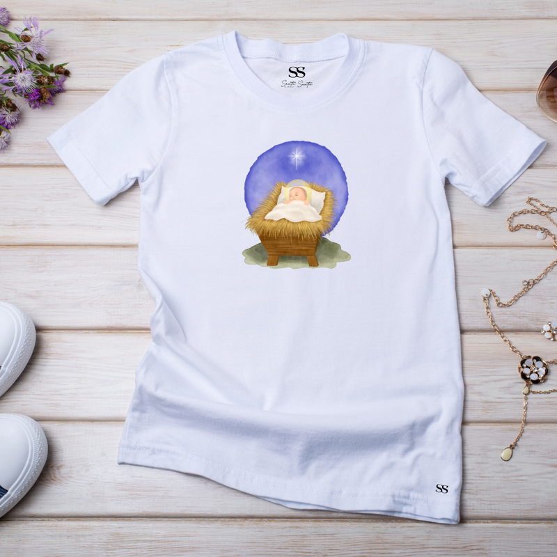 Camiseta Feminina Branca Nascimento Menino Jesus