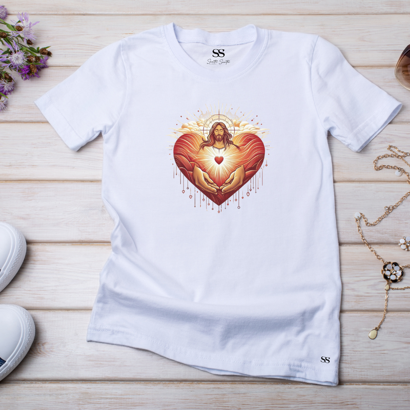 Camiseta Feminina Branca Coração de Jesus