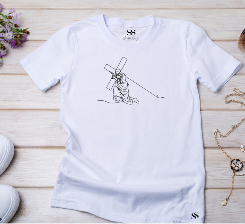Camiseta Feminina Branca Jesus e a Cruz Minimalista