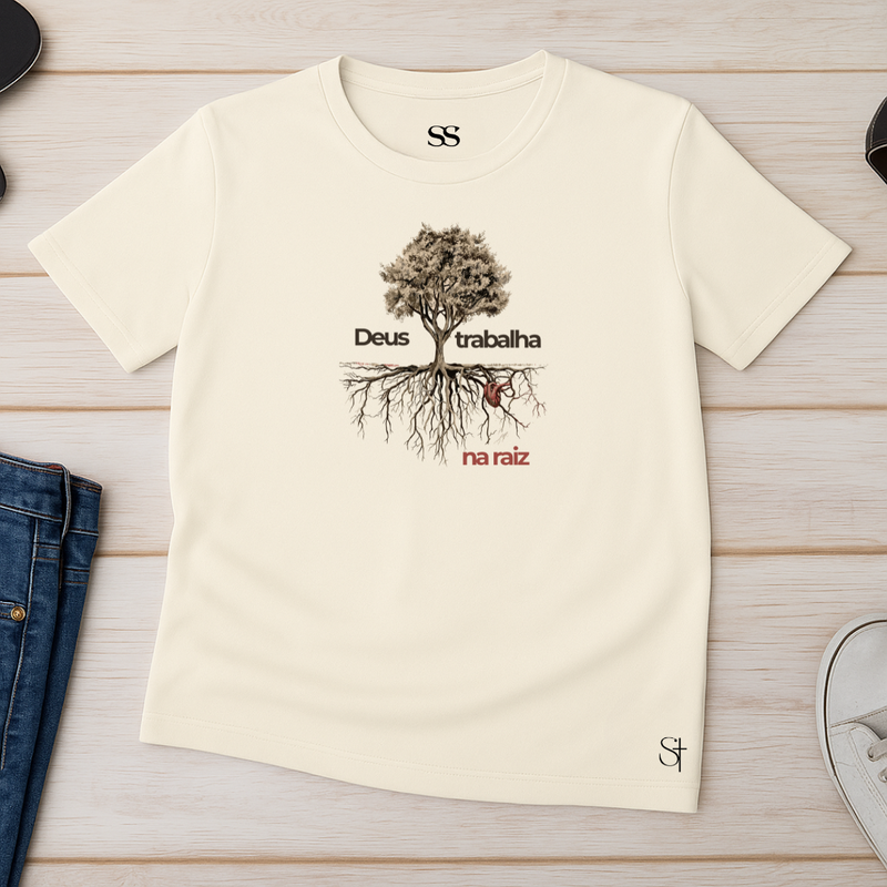 Camiseta Masculina Deus Trabalha Na Raiz