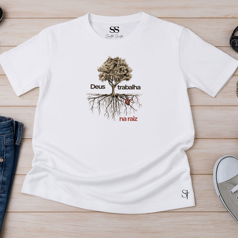 Camiseta Masculina Deus Trabalha Na Raiz