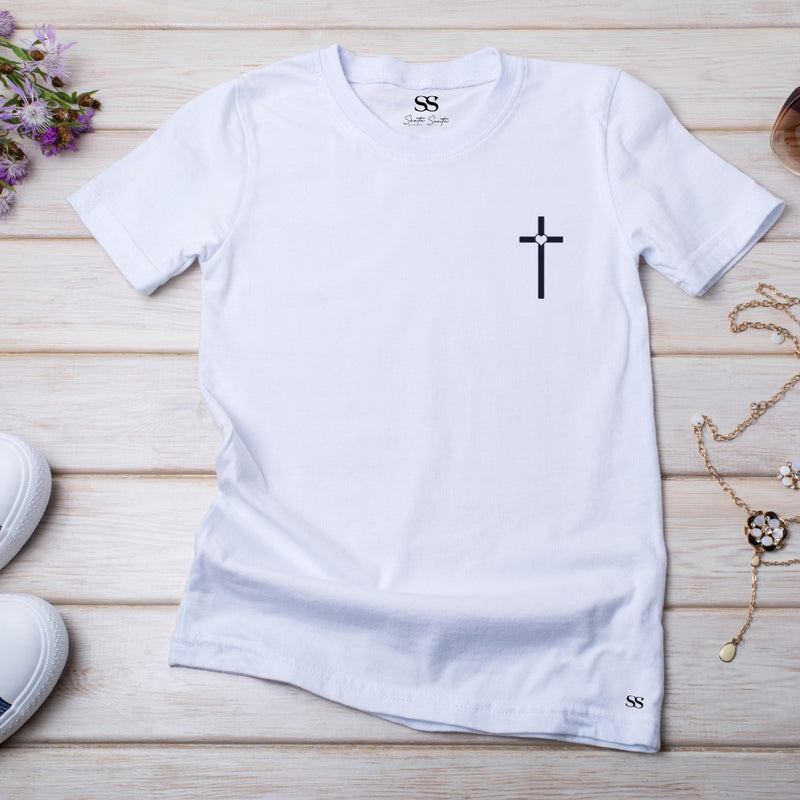 Camiseta Feminina Branca Cruz Minimalista