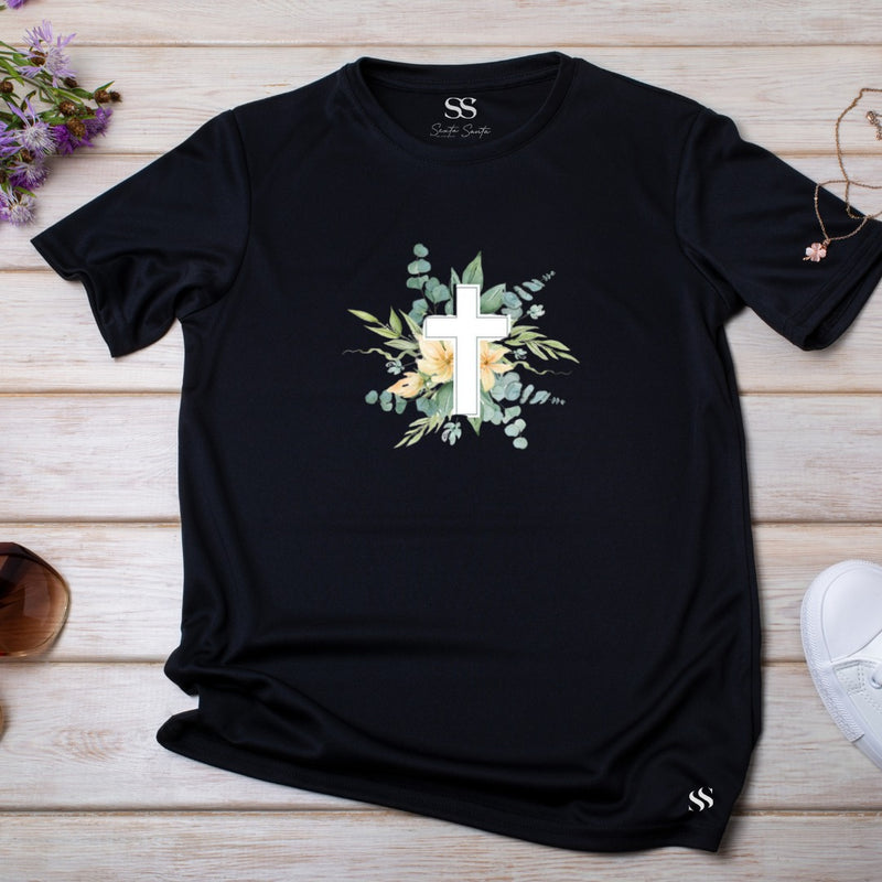 Camiseta Feminina Preta Cruz Floral