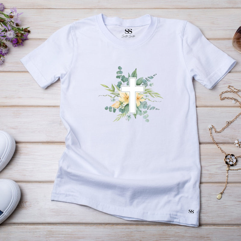Camiseta Feminina Branca Cruz Floral